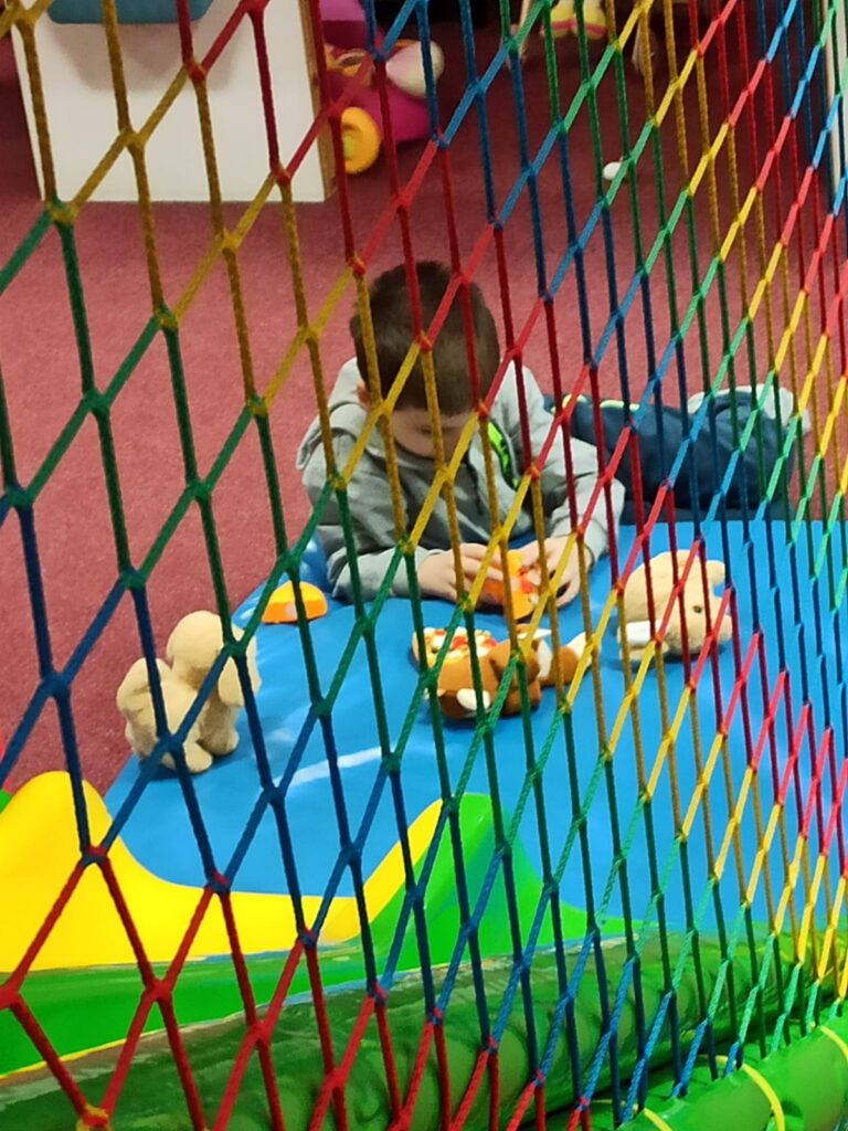 Chłopiec bawi się zwierzątkami