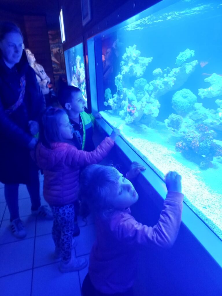 Trójka dzieci i opiekun w oceanarium oglądają ryby w akwarium.